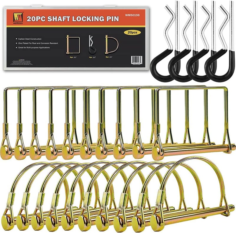 Wellmax 20 Pcs Shaft Locking Pin in 1/4 Diameter Zinc-Plated Heavy Duty Safety Pins, Bonus 4 Pcs Heavy Duty Trailer Hitch Pin for Trailer Lock and Hitch Pin Lock for Farm Lawn Garden Wagons (Gold) - Image 1